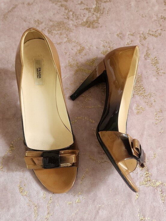 Prada Shoes - PRADA |  Two-Tone Brown Patent Peep-Toe Heels with Bow